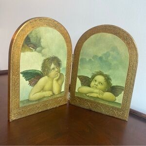Vintage Italian Gold Leaf Cherub Diptych Florence Wood Hinged Art